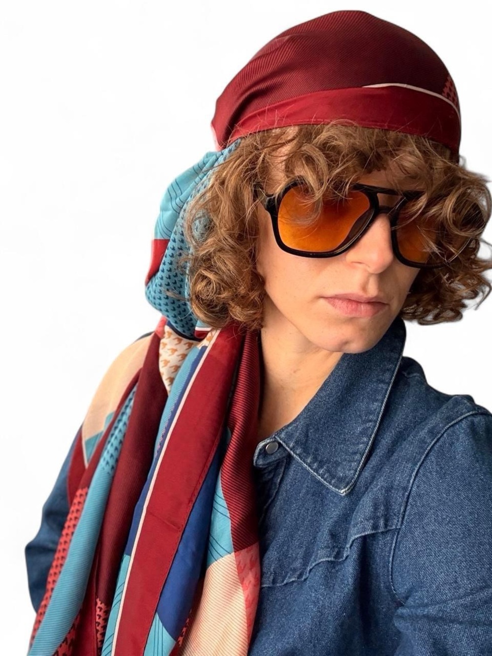 Vintage Y2K large silk Maroon & Teal Patterned Scarf/Headscarf